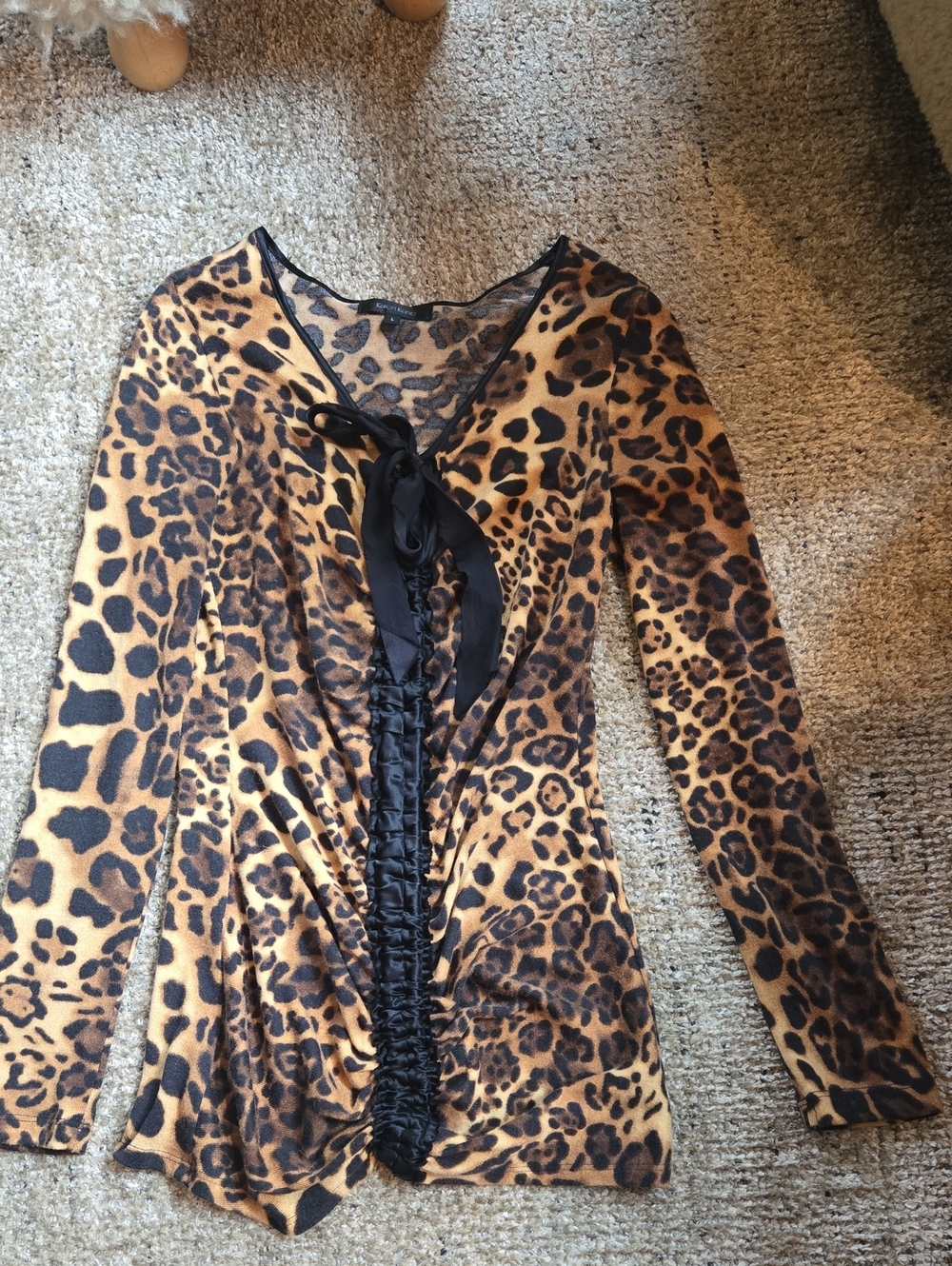 Karen Kane Leopard-Print Long-Sleeve Tie-Front Top in Black and Brown